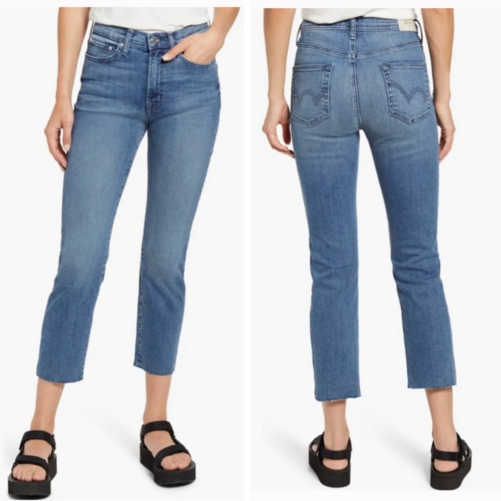 Edwin Bree Azure Light Wash High Waist Raw Hem Crop Straight Leg Jeans 24 Anthro